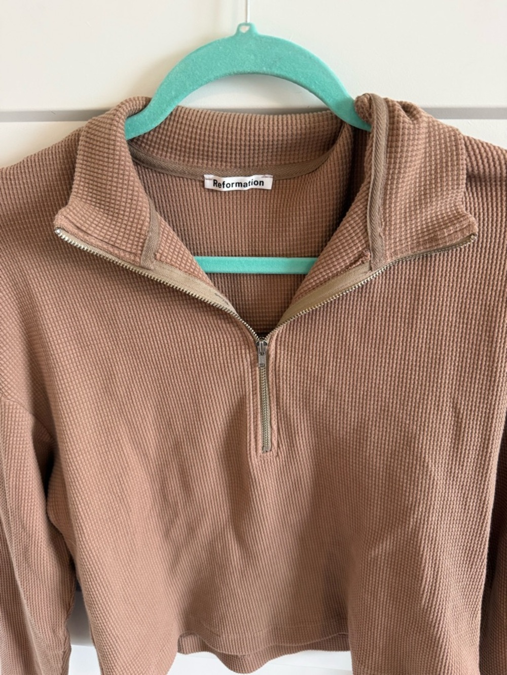 Reformation Waffle Knit Half Zip Top | Tan Cropped Pullover | Long Sleeve | M - Picture 3 of 5